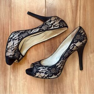 Elegant Black & Blush Lace Peep-Toe Heels